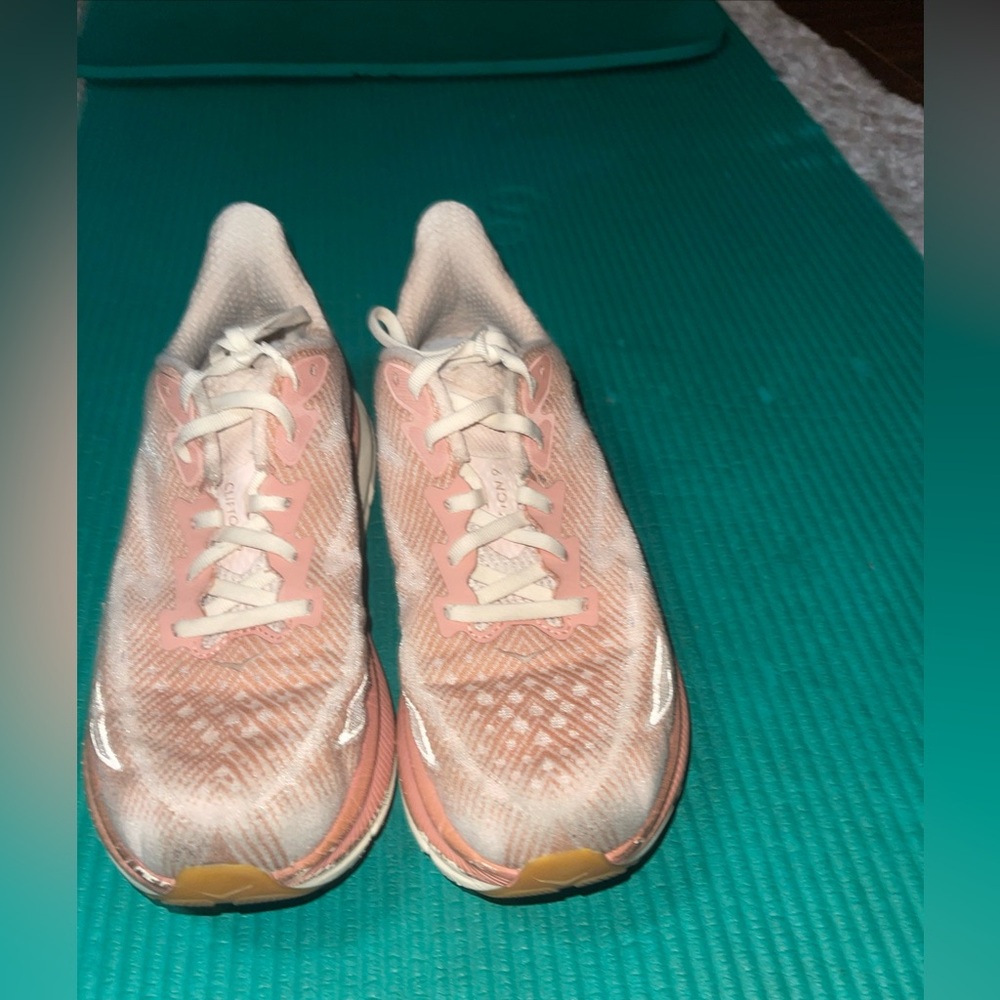 HOKA Clifton 9 Running Shoes Womens Size 8 Pink Cream Cushioned Road Mesh